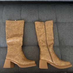 ISNOM Brown Platform Knee High Boots for Women Chunky Heel Fall Square Toe Tall (Caramel color)