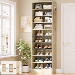 Tall Shoe Cabinet, 10 Tiers Narrow Wood Shoe Rack, Shoe Storage Organizer with Open Storage, Vertical Shoe Shelf Tower for 20-22 Pairs, Space Saving, 