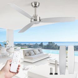 52 Inch Ceiling Fan with Remote No Light, Brushed Nickel & White Outdoor Ceiling Fans with Quiet Reversible DC Motor, 6 Speeds, 3 Blade Modern Ceiling