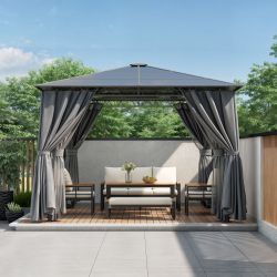 TREXM 10'x10' Hardtop Outdoor Gazebo with Polycarbonate Roof, Patio Gazebo with Aluminum Frame, Mosquito Netting and Privacy Screens for Shade and Rai