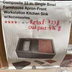 BOCCHI Arona Concrete Gray Granite Composite 33 in. Single Bowl Farmhouse Apron-Front Workstation Kitchen Sink w/Accessories