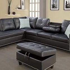 Black Leather Sectional Couch With Drop Down Table 