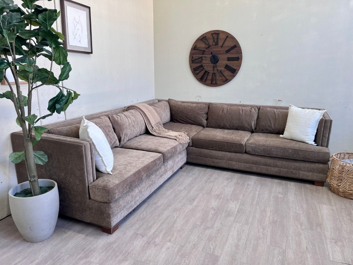 WE DELIVER! π - Mitchell Gold + Bob Williams Toffee Studded Deep-Seated L Sectional Couch