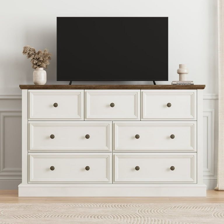 Vintage 7 Drawer Dresser, 55" Wide White Dresser for Bedroom, Chest of Drawers with Carved Design, Rustic Wood Storage Cabinet Clothes Organizer for B
