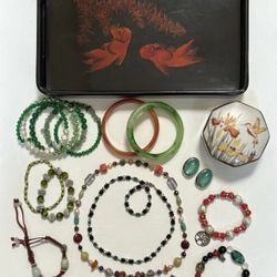 Vintage to Modern Asian Inspired Jewelry Lot Estate Junk Drawer Lacquer Tray