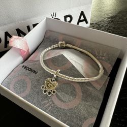 Pandora Barrel Clasp Snake Chain Bracelet w/ Heart & Paw Print Dangle Charm