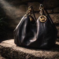 Michael Kors Black Leather Hobo Handbag & Wallet Set