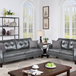 Brand New Grey Leather Sofa & Loveseat (Pillows Included)
