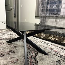 Rectangle Modern Coffee Table, Gray Tempered Glass Table Top, Black Metal Tubular Legs with Gold Rim