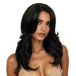 Black Wig Long Layered Synthetic Hair Wigs for Women with Bang for Daily Party Use