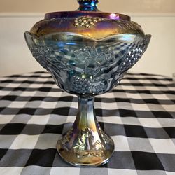 Blue Indiana Carnival Glass Lidded Pedestal Compote Bowl Harvest Grape Candy Dish 10"  Vintage