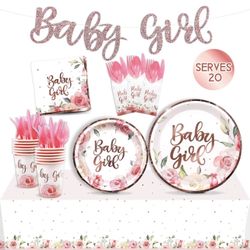 162pcs Floral Baby Shower Tableware Supplies Set for Girls Rose Gold (Serves 20 Guests)