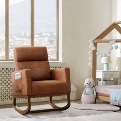 Leather Living Room Chair, Rocking Accent Chair, Modern Nursery Glider Chair with High Back and Side Pocket, Accent Rocker Armchair with Wood Legs for
