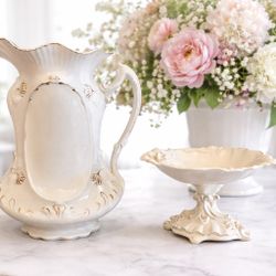 Myott Son & Co England Porcelain Pitcher and Pasadena California Candy Dish