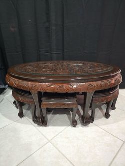 Vintage Chinese Asian Ornately Carved Golden Brown Coffee Table with Six Stools