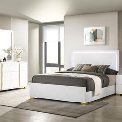 Rich Black/White and warm gold Bedroom Set features a squared headboard with built-in LED Light