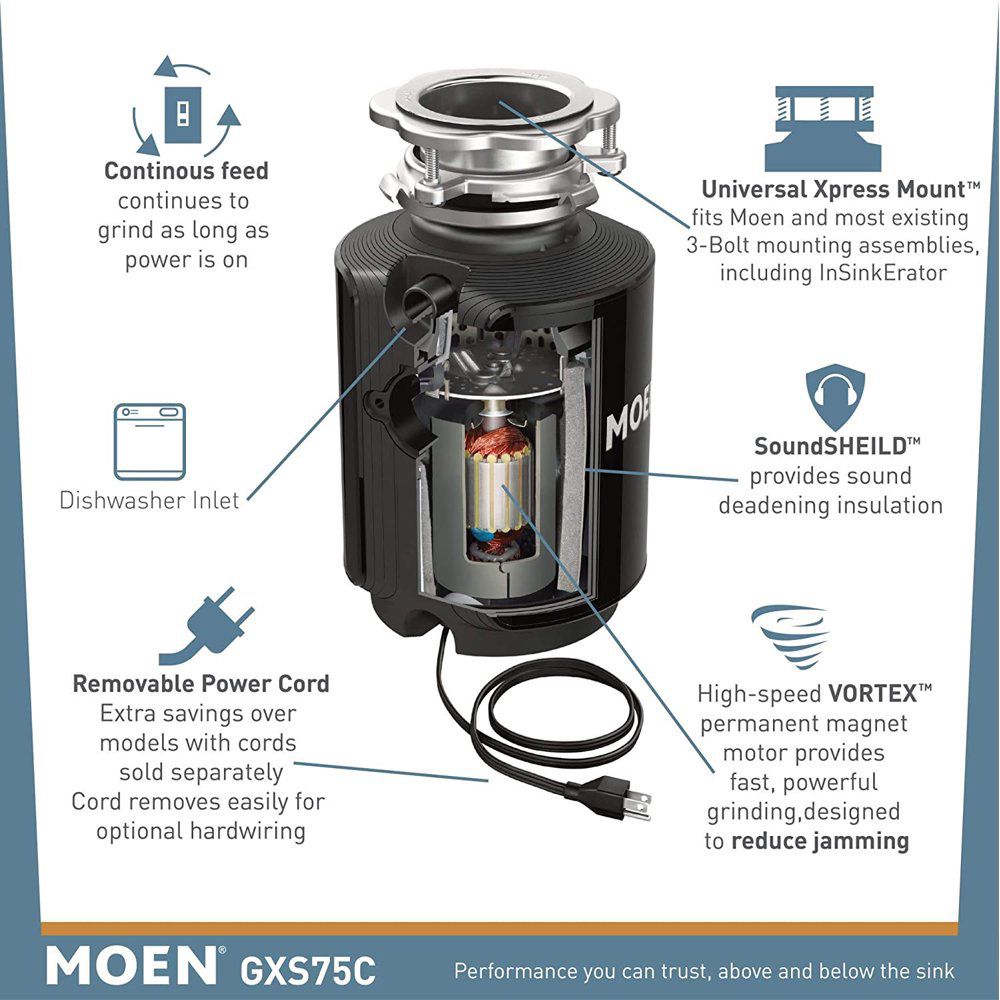 Moen GXC75C Host Series 3/4 HP Continuous Feed Garbage Disposal with Sound  Reduction, Power Cord Included for Sale in North Bergen, NJ OfferUp