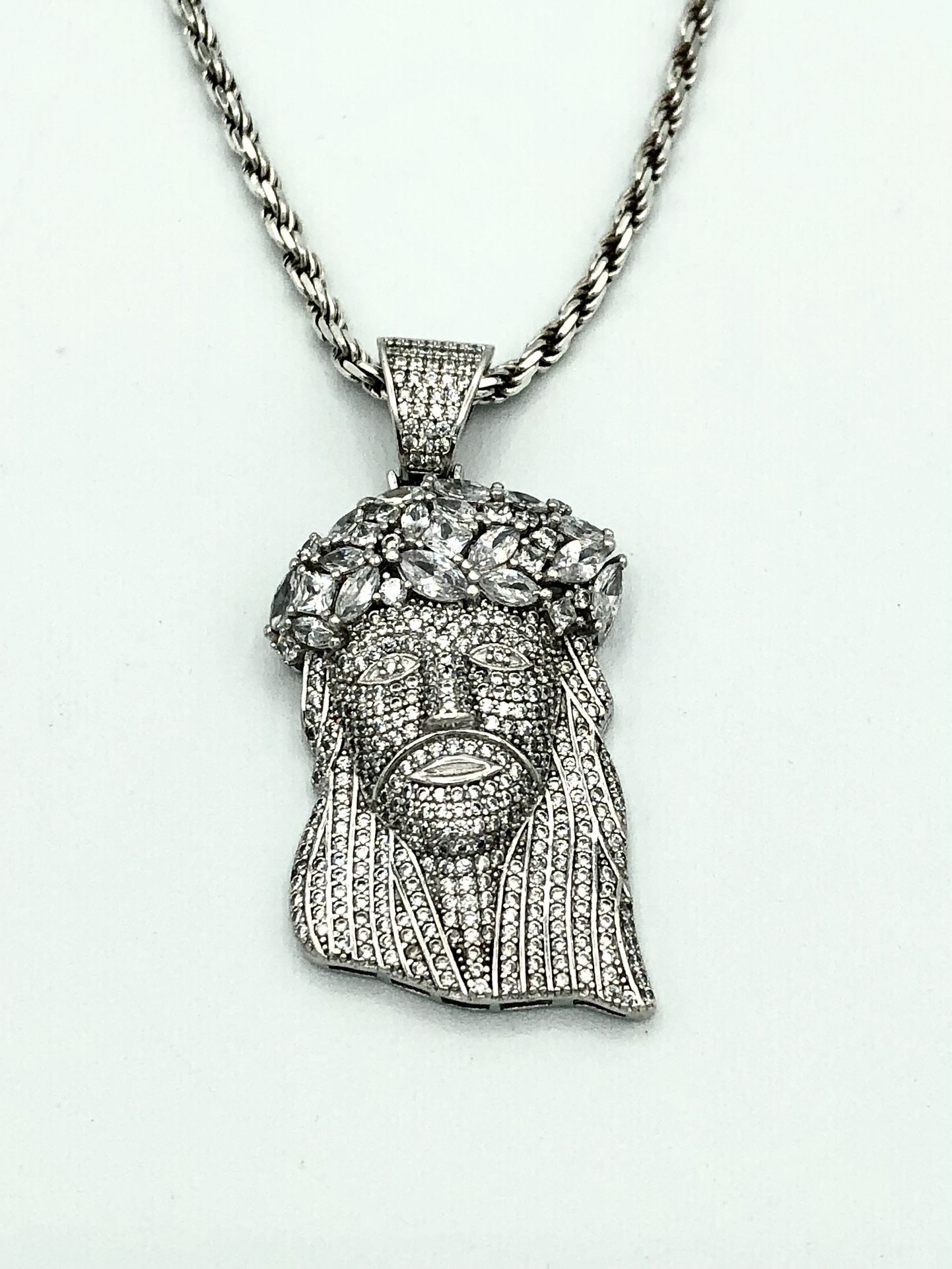 Large Sterling Silver Iced Out Jesus Pendant With 30” Sterling Twist Rope Chain