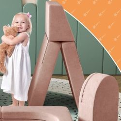 Kids Sofa Couch, Wanan Toddler Couch for Playroom, Dutch Velvet Play Sofa Fold Out Couch, Modular Sofa for Kids, Light Pink