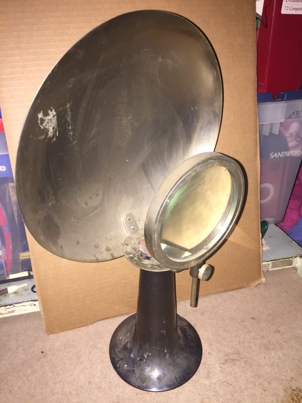 Antique Medical Scientific Candle Optical Magnifying Glass & Parabolic Reflector Nice shape. Light surface wear. Some Wax residue. Will clean up
