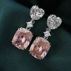 Fashion Bling Heart Cut Pink Diamond Zircon Drop Earrings.