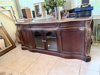 Carved Wood & Glass-Door Hutch/Credenza