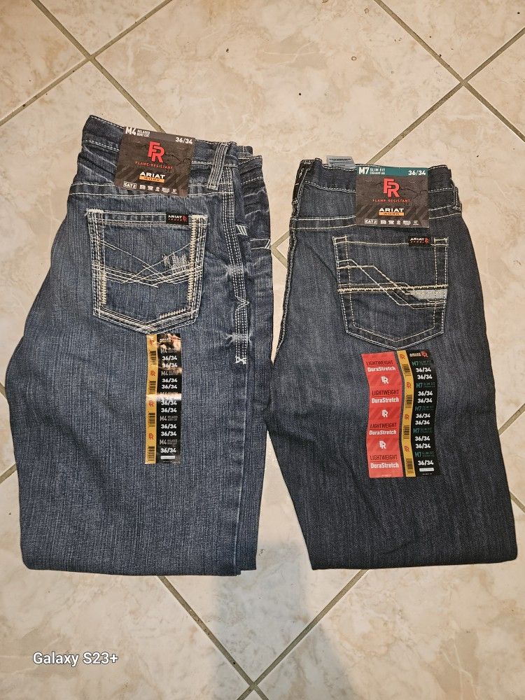 2 BRAND NEW WHITH TAGS ARIAT FR M4/M7 SLIM DURASTRECH LIGHTWEIGHT MEN'S WORK JEANS SIZE 36X34