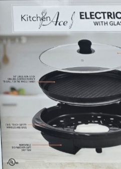 Kitchen Ace Indoor Electric Grill with Glass Lid - new in box