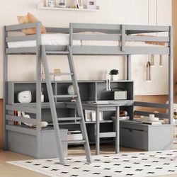 Kids Twin Bed Frame With Study Desk And Storage Space