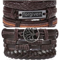 2 x Set Adjust. Size up to 9.5inc Leather Bracelet, (Forgiven-Brown)