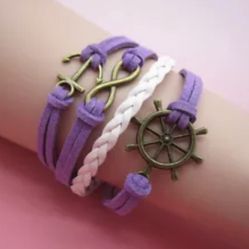 Anchor, ships wheel, infinity purple leather style bracelet