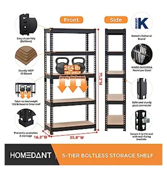 HOMEDANT 5-Tier Shelf, Steel Frame (71" x 16 x 35) Garage, Shop, Laundry, Office, Kitchen (Black or White ) Org. Store Price $128+