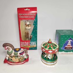 Lot of Vintage Christmas Items Ornament, Chimes, Candle Holder Horse, Snow Globe