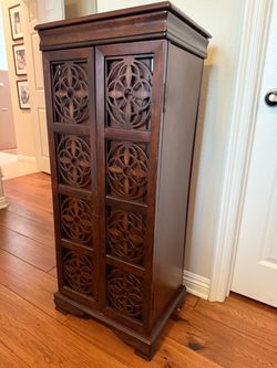 Dark Wood Jewelry Cabinet with Carved Lattice Doors