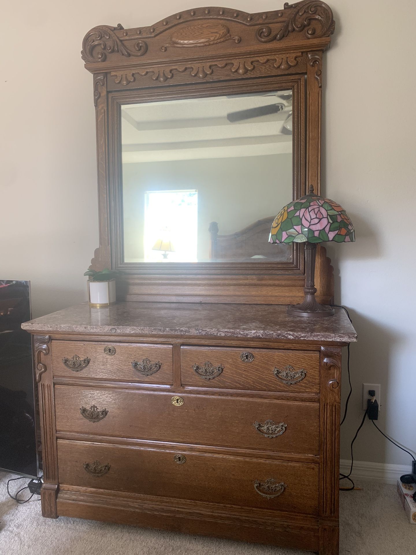 Antique Tiger Oak Dresser With Marble Top And Mirror- Delivery Available