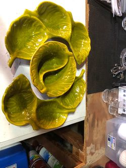 Vintage Cal Style USA 2229 Avocado Green Leaf Chip and Dip Set - MCM California Pottery - 3 Piece