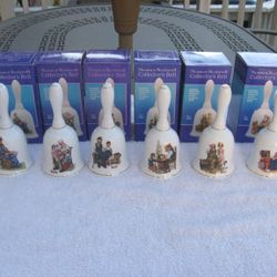 6 Norman Rockwell Collectors Porcelain Bells 24K Trim Cobbler Memories


