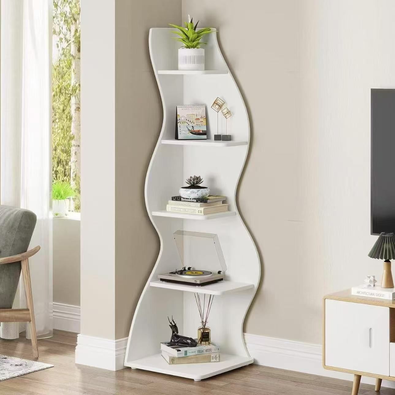 J0276 5-Tier Corner Shelf, Modern Wall Corner Bookshelf Bookcase
