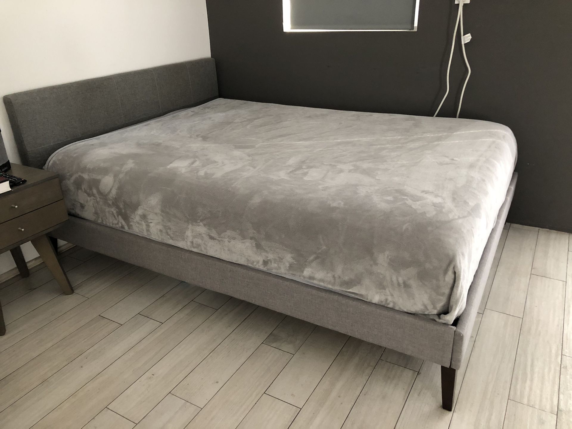 Queen Sized Gray Upholstered Platform Bed Frame