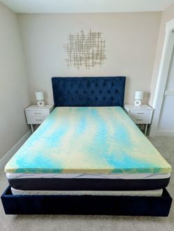Modern Blue Velvet Queen Bed Frame + Mattress & Nightstand Set
