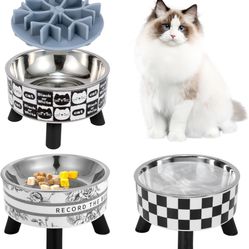 3PCS Elevated Cat Bowls with Slow Feeder, Wide Raised Stainless Steel Cat Dishes Plastic Stand Silicone Slow Food Dispenser, Whisker Friendly Pet Wate