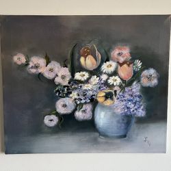 Beautiful Vintage Floral Painting Signed By LM 24 X 20