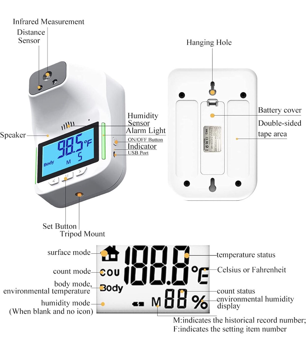 Wall Mounted Thermometer for Adults, Infrared Forehead Thermometer with Language and Alarm Volume Settings, Adjustable Non Contact Thermometer Sui