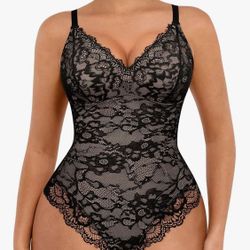FeelinGirl – Women's Shapewear Bodysuit, Lace Tummy Control Shaper, V-Neck, Sleeveless, Shaping Top, One-Piece