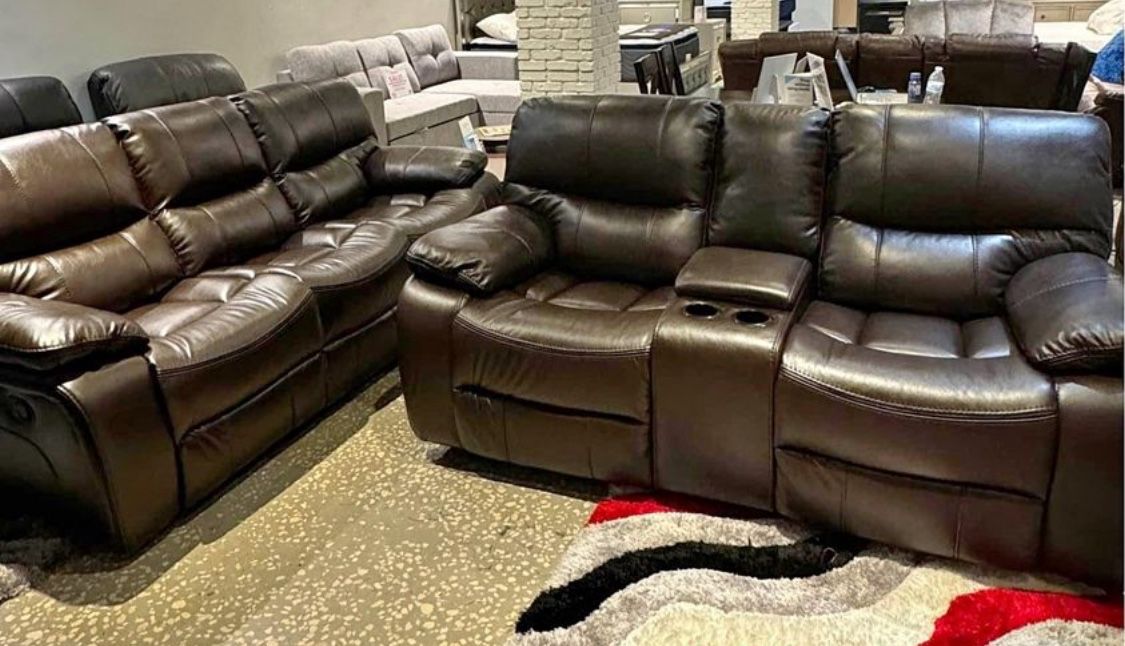 Fourth of July sale. Madrid brown leather reclining sofa and loveseat set now $1199. Easy finance option. Same day delivery.
