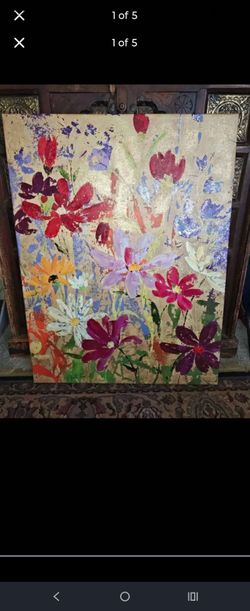 Title: Large Original Floral Canvas Painting (29.75" x 39.5") – Metallic Gold Leaf