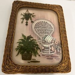 Vintage 1970s Boho Peacock Chair & Ferns Wicker Framed Wall Art Print