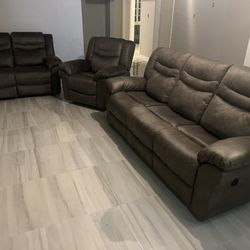 New Power Reclining 3 Piece Set.  Grey Breathable Leatherette .  Free Delivery !