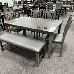 New Beautiful Gray Wooden 6 Pc Dining Table Set  60" x 36" x 30" H // Holiday Sale