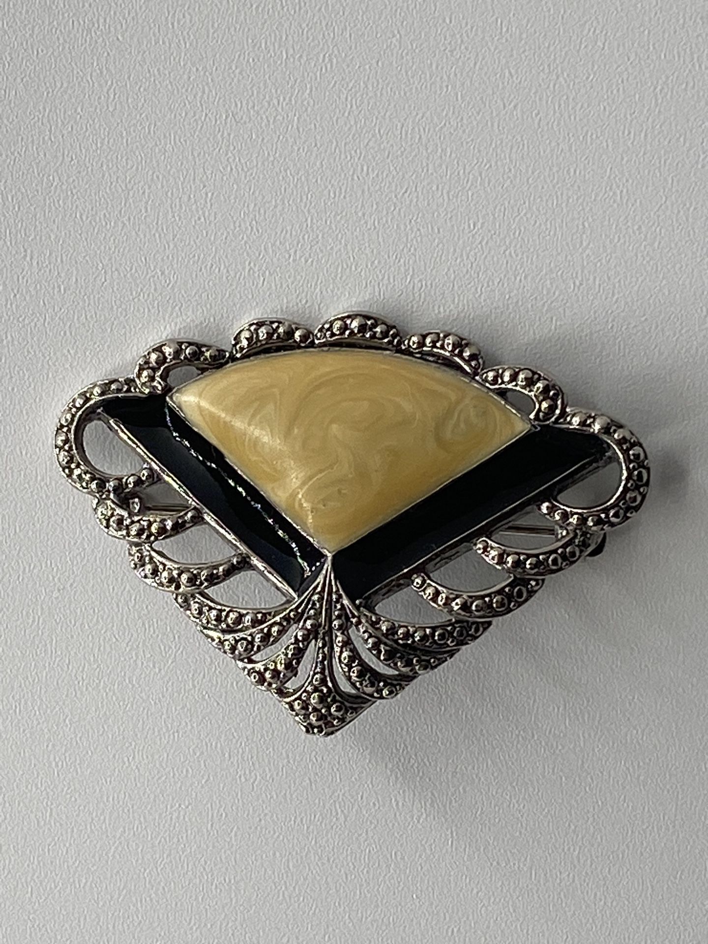 Vintage Art Deco 1980s Fan Pin Brooch Marcasite & Cream & Black Enamel by Avon